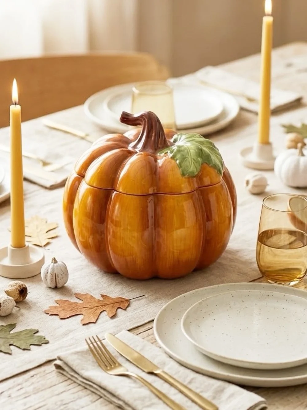 Pier 1 Hand Painted Dolomite Ceramic Pumpkin Soup Tureen Covered Casserole Dish